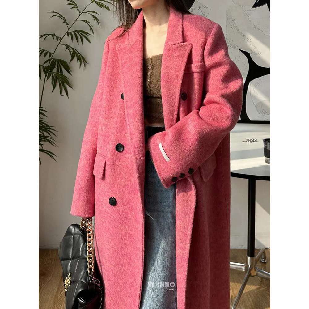 Rose Double-Sided Cashmere Rose Red Long Fashion Suit Collar Double-Breasted Wool Coat Women 2024 New Winter