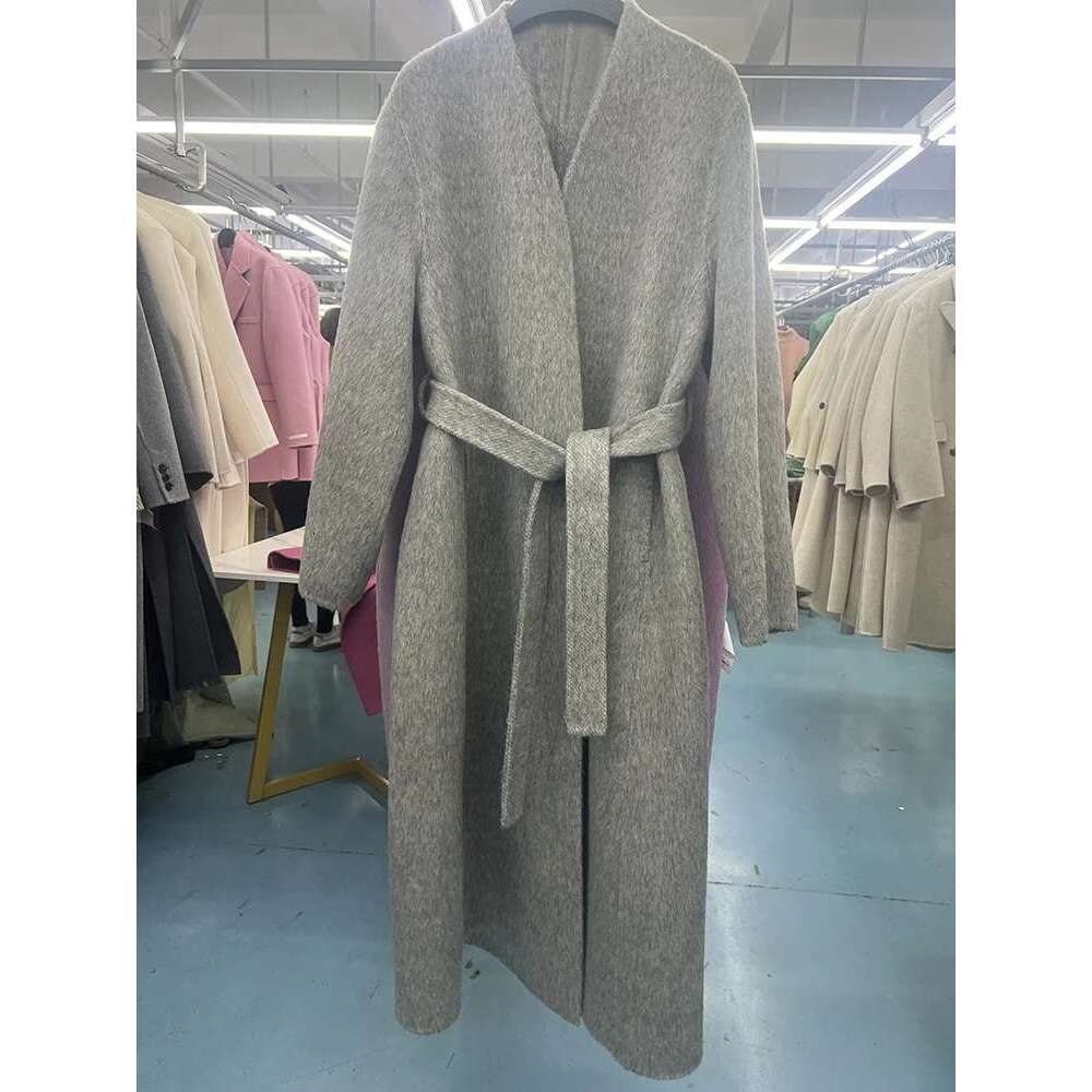 Rose Double-Sided Alpaca Korean High Quality Light Grey Winter New Collarless Bathrobe Wool Coat Women