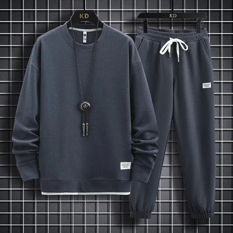 Mens waffle set 2-piece casual long sleeved sweater and pants sports T-shirt hooded casual mens loose set 241022