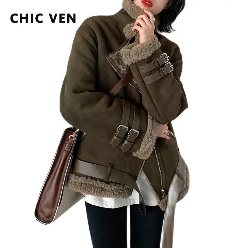 CHIC VEN Womens Loose Artificial Suede Leather Jacket Street Clothing Retro Motorcycle Jacket Thick Plush Warm Autumn 241023
