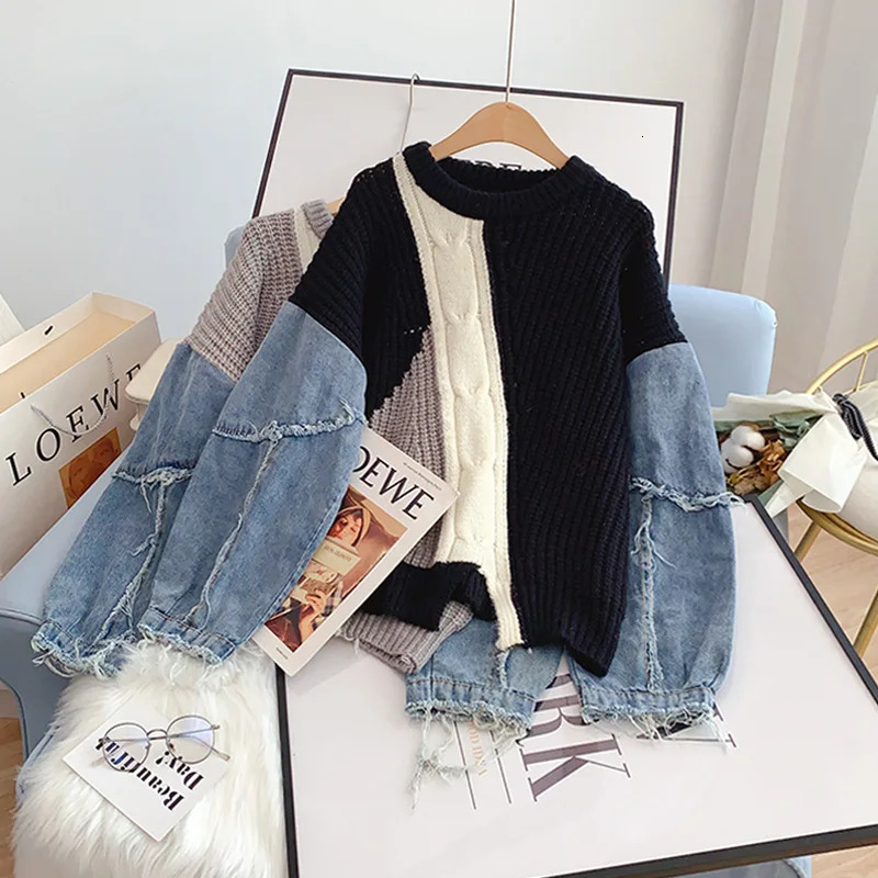 Denim woven spliced long sleeved O-neck Mohier knitted jumper womens loose womens sweater top womens clothing fashion 241022