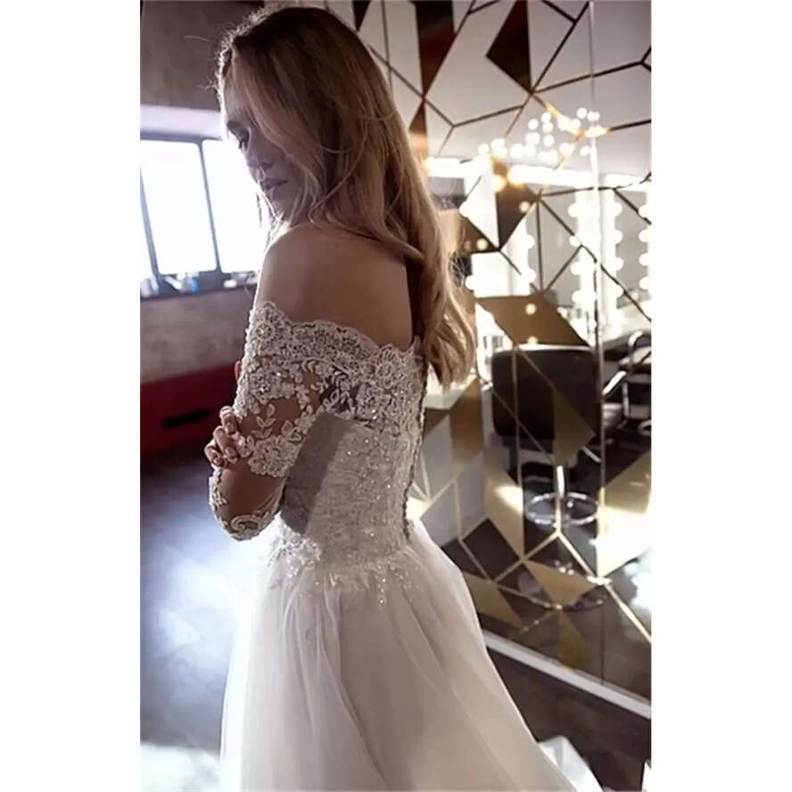 Lace Dress Romantic Wedding Elegant Off Shoulder Long Sleeves Appliques Tulle Lace-Up Back Sweep Train Bridal Gowns Vestido De Novia -Up