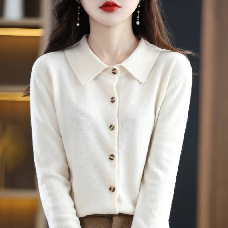 Womens collar pure wool cardigan autumn and winter merino cashmere sweater long sleeved formal knitted top S-XXL 241022