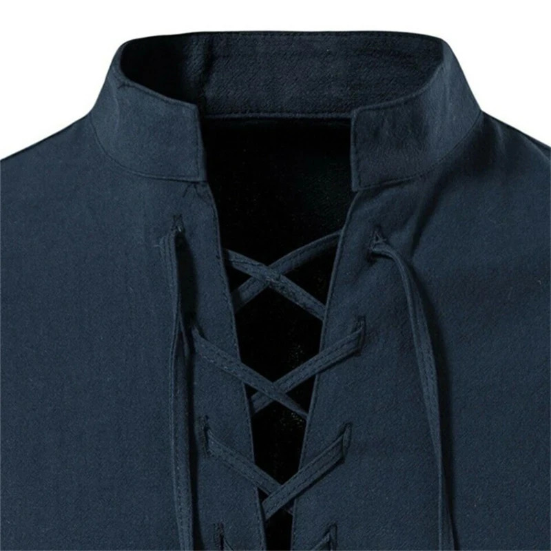 mens V-neck T-shirt fashionable retro thin long sleeved mens casual breathable Viking front lace mens shirt 241023