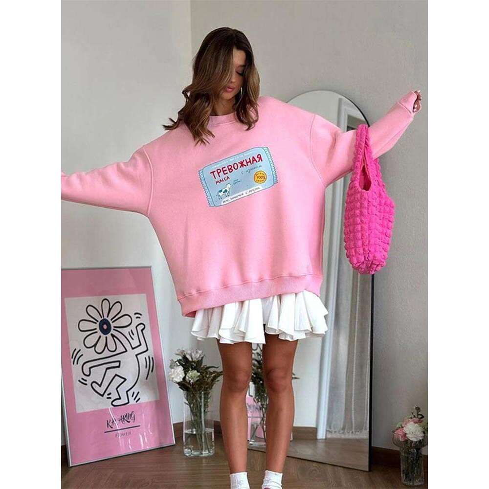 High end Warm Printing Sweatshirt Loose Round Neck Oversized Chic Women s Hoodies Trendy Casual Autumn Winter Office Lady Pullover Hoodie Caual