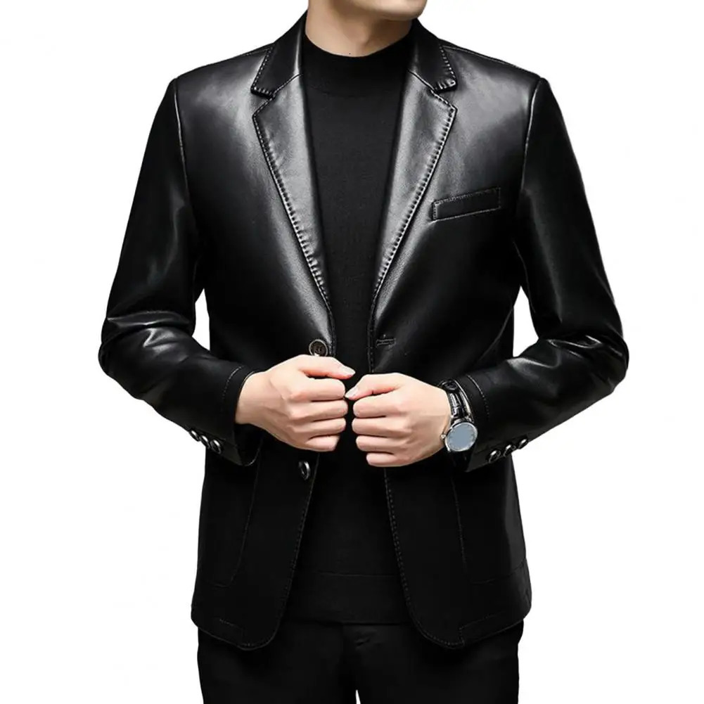 Premium Fabric mens jacket fashionable lapel mens jacket with button cuff pockets synthetic leather jacket suitable for outdoor business 241023