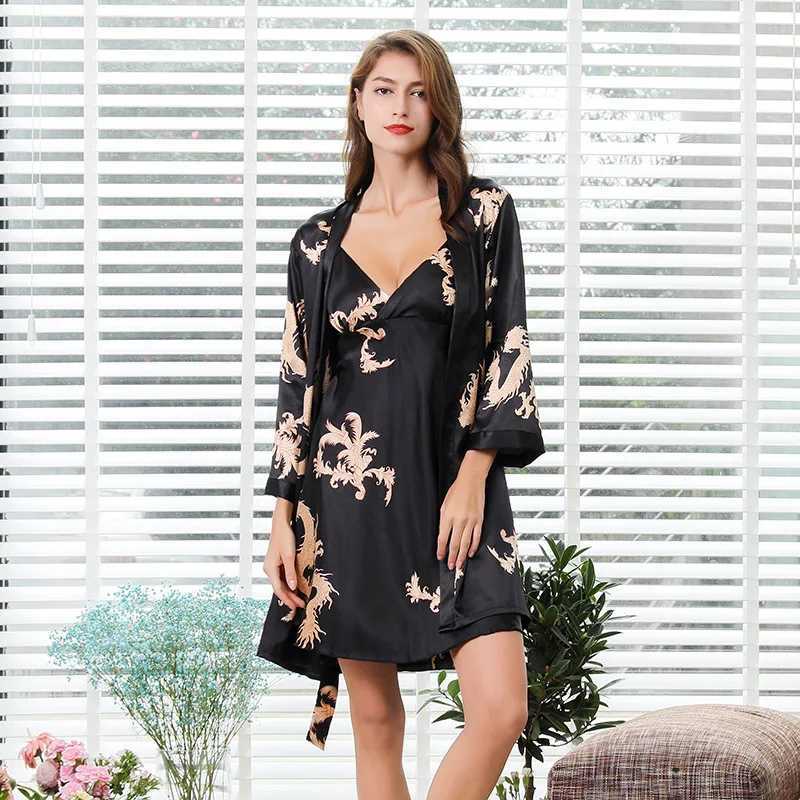 Large size 2PCS kimono bathroom dress couple Spwear home dress printed satin evening dress womens slippers evening dress mens long robe casual wear W2