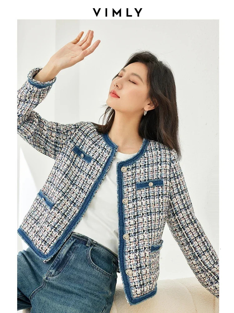 Vimly Plaid womens cut jacket with coarse tweed for spring patch denim elegant and fashionable womens short jacket womens M3288 241023