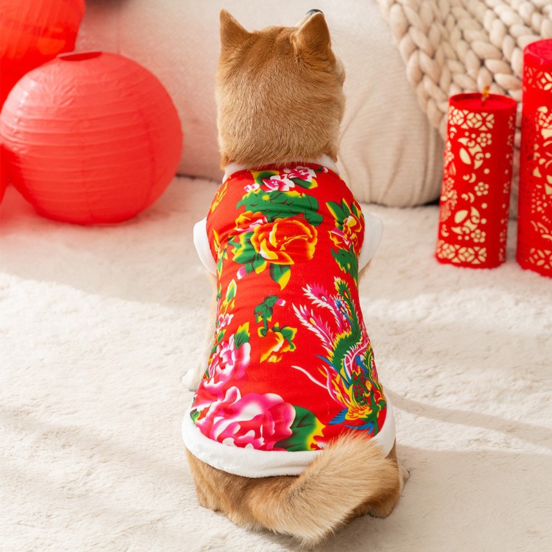 Autumn and winter ethnic style Northeast big flowers cotton jacket dog clothes small and medium-sized dogs Teddy New Year's festive pet clothes