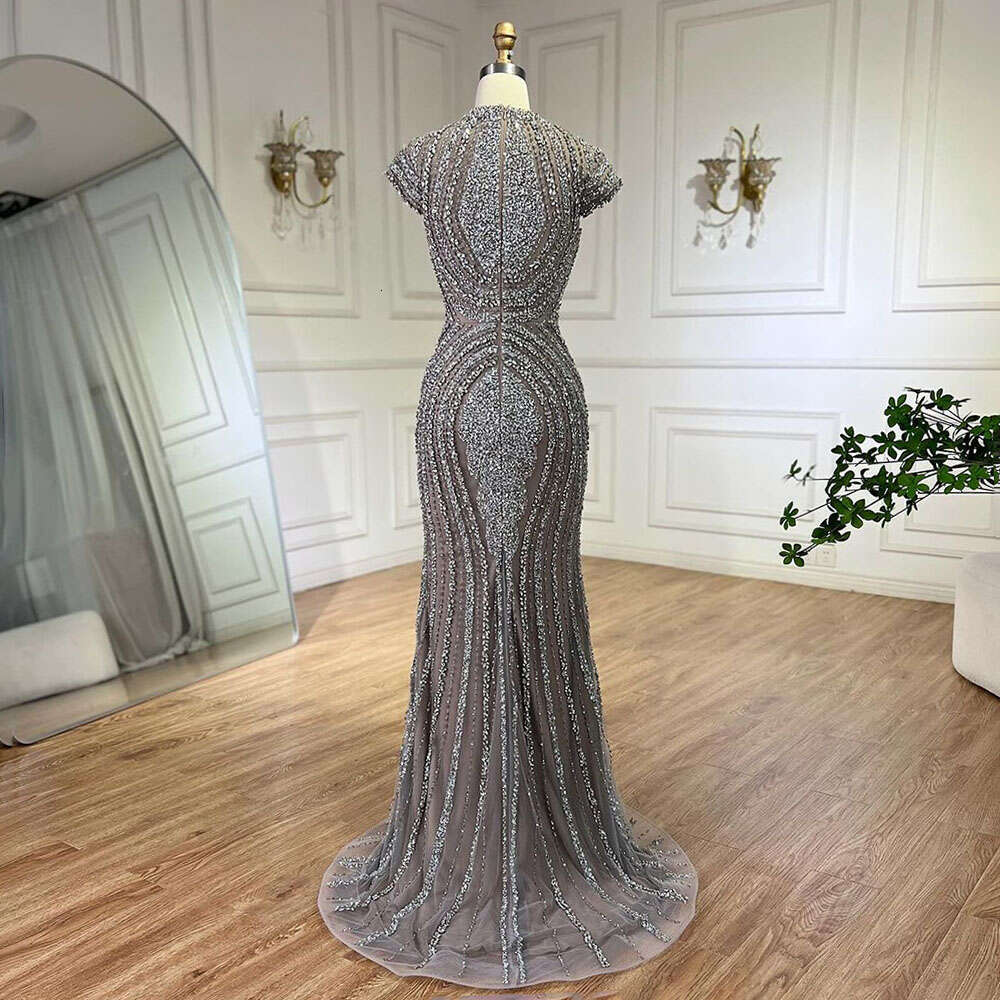 Serene Hill 2024 Arabic Dubai Gray Nude Mermaid or Length Beaded Evening Dresses Gowns for Women Party
