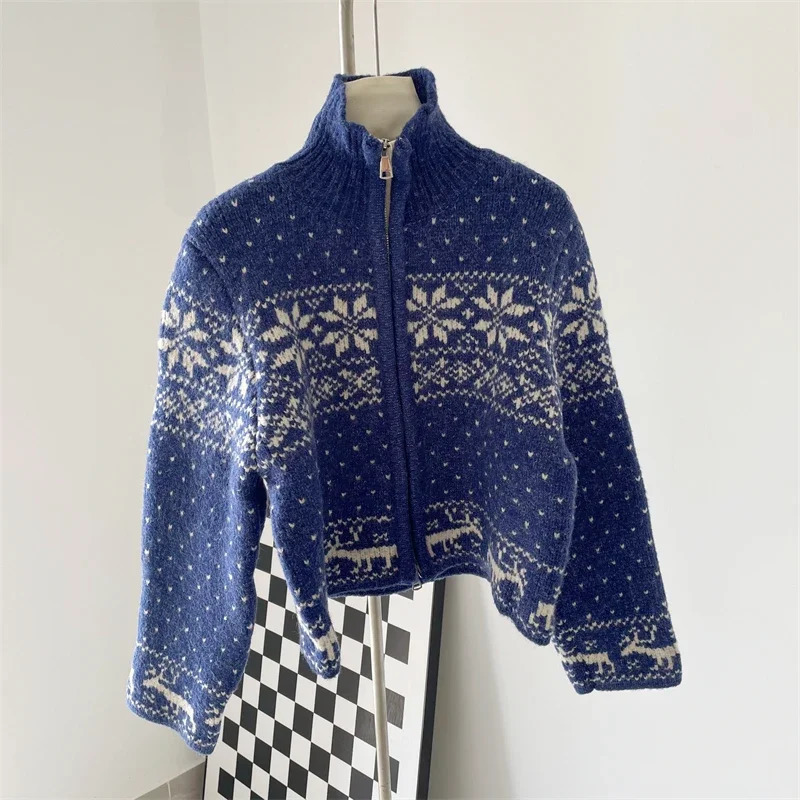 Vintage Snowflake Sweater Coat Womens Autumn Winter Fashion Loose Casual Soft Warm Beige Blue Christmas Knit Cardigan 241022