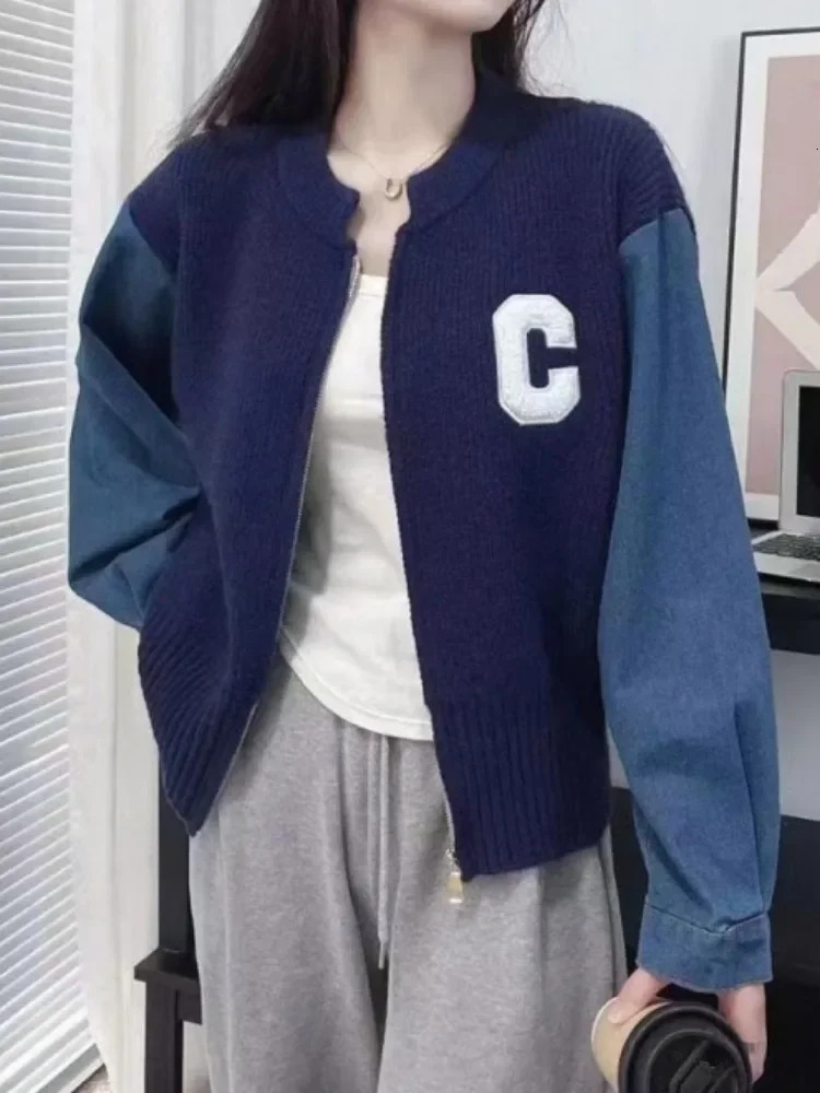 Denim Sleeve Jacket Splicing Knit Cardigan Sweater Womens Autumn Winter n Sense Fashionable Versatile Zipper Contrasting 241021