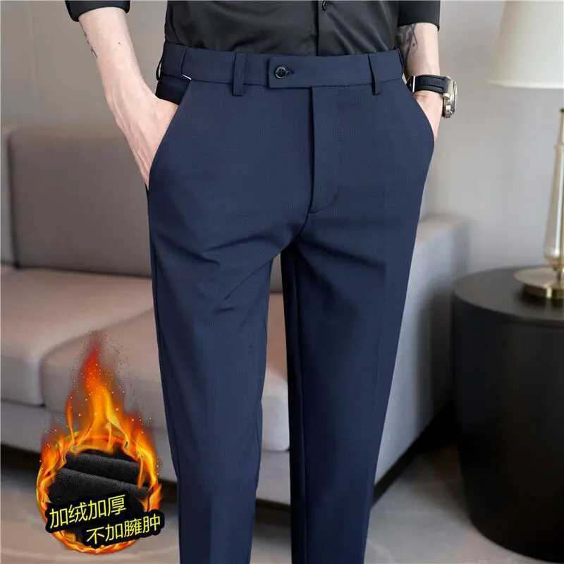2023 Autumn Winter Plush Warm Suit pants Men Solid Color Elastic Waist Dress Pants Formal Business Slim Office Social TrousersXJ241023