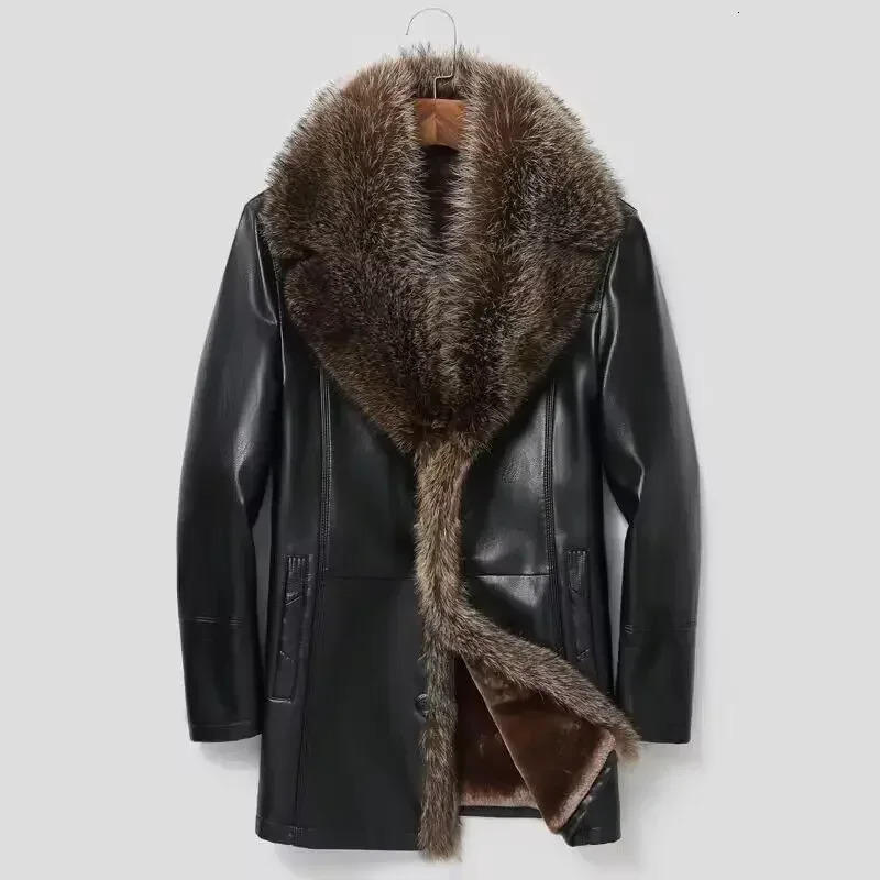 Haining Fur One Person Wool Thick Leather Coat Sheepskin Raccoon Large Fur Collar Medium Long Mens Wear 241023