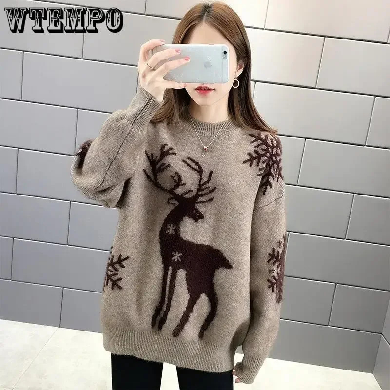 WTEMPO Christmas Year Loose Knitted Sweaters Women Autumn Winter Warm Pullover Top All Match Sweater Bottoming Shirt Female 241021
