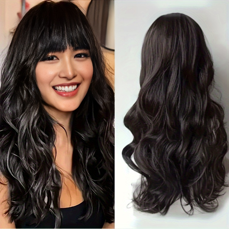 Qi bangs long curly wig big wave wig full head hairstyle fluffy long curly hair