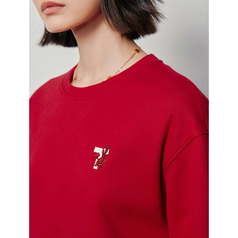 High end Women Toyouth Fleece Sweatshirt Autumn Long Sleeve O Neck Loose Hoodies Exquisite Embroidery Casual Chic Red Clothes Tops