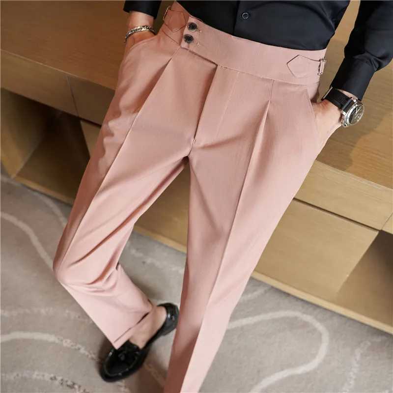 Neapolitan High Waist Casual Dress Pant For Men 2024 New Belt Design Slim Fit Casual Office Social Party Suit Pants 38-28X241023