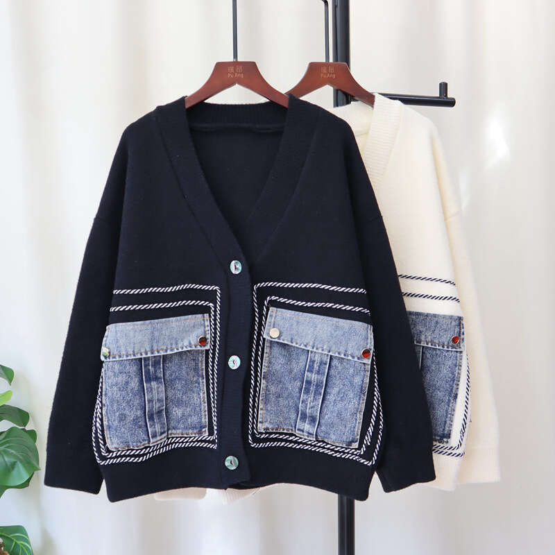 Denim Pockets Long Sleeve V-Neck Double-Faced Cashmere Single Breasted Women Winter Cardigan Coat Autumn