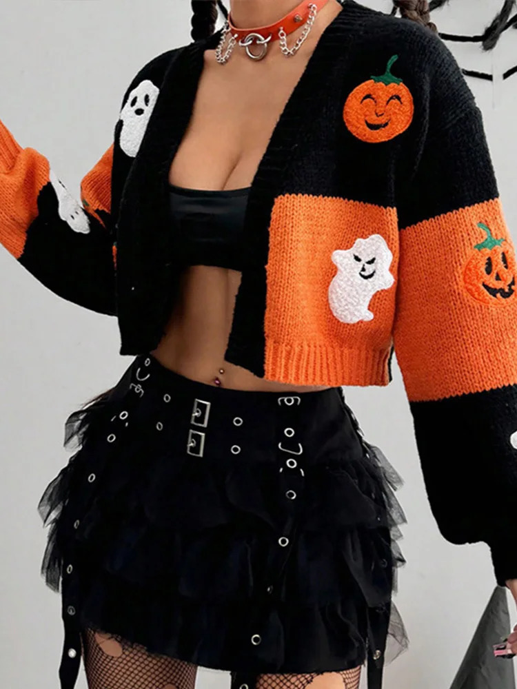 Casual Ghost Pumpkin Pattern Knitted Cardigan Retro Long Sleeve Patchwork Womens Crop Sweater Autumn Womens Clothing 241022