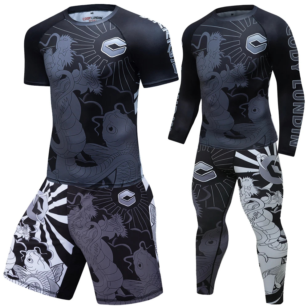 Mens Boxing Compression Rash Guard T-Shirts+Pants Sets Base Layer Athletic MMA Shorts BJJ No Gi Full Sportsuit Rashguard Shirt