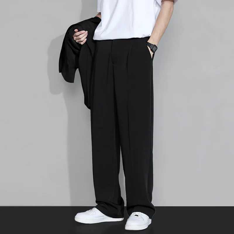 Korean-style Mens Dress Pants for Summer Thin Loose Straight Wide-leg Shorts Casual Business Ice Silk Drapey Long PantsX241023