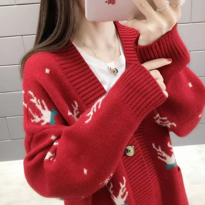 Christmas Deer Knitted Coat Femal Loose Cardigan For Women Long Sleeve Top Casual Chic Office Ladys Sweater Single Breasted 241022