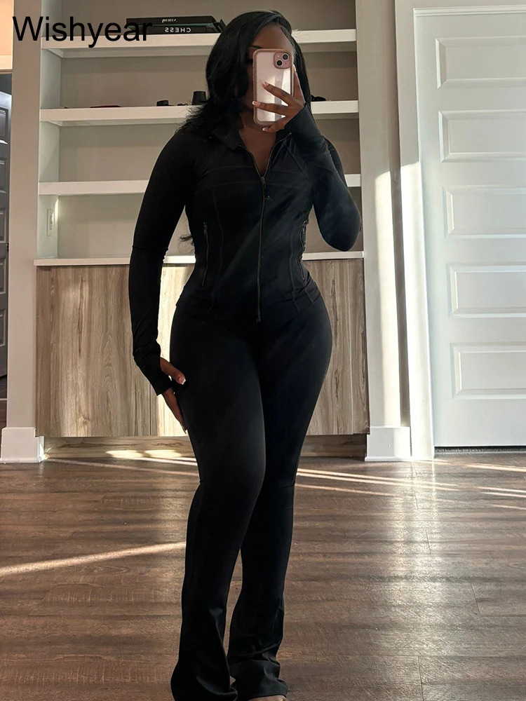 Elegant sports womens clothing sales long sleeved top and Flare pants two-piece set Tracksuit Street jogging leg set 241023