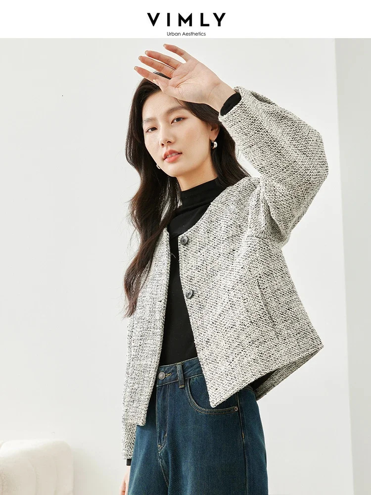 Vimly Plaid O-neck Cropped Coarse Felt Jacket Winter Thick Warm Loose Quilted Coat Office Womens Elegant Womens M5332 241023