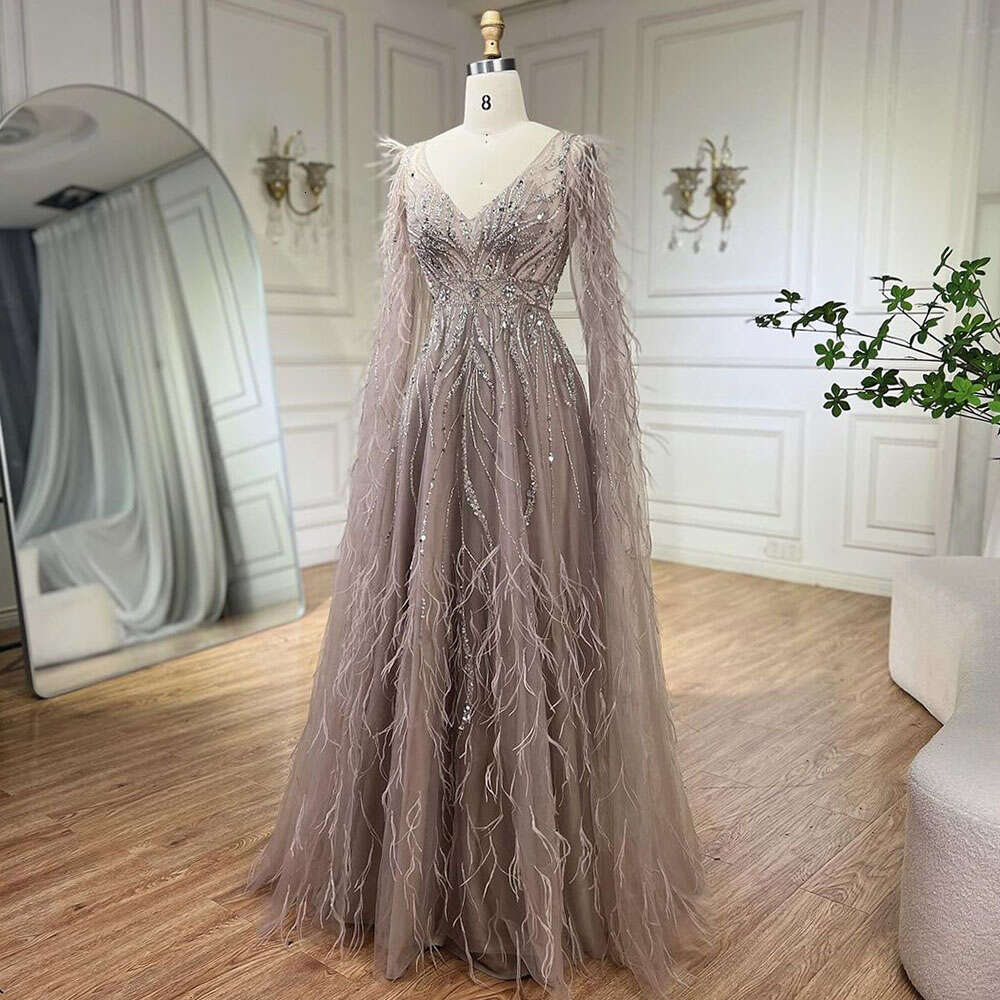 Serene Hill Nude Cape Sleeves Elegant A e Beaded Feathers Evening Dresses Gowns For Women Party 2024