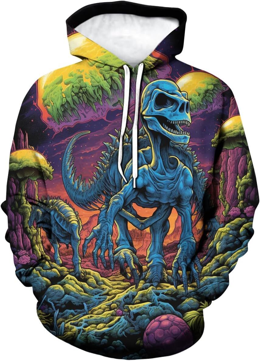 Hoodie for Mens Womens Men Novelty Dinosaur Hoodie 3D Skull Pattern Trippy Long Sleeve Sweatshirt Hoodies Graphic Hoodies sweatshirt Trendy Warmth