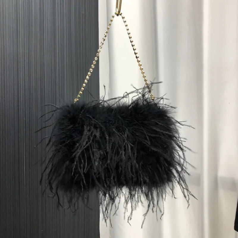 Handmade Ostrich Feather evening bag fashionable metal rhinestone chain shoulder bag promotion party womens clutch 241023