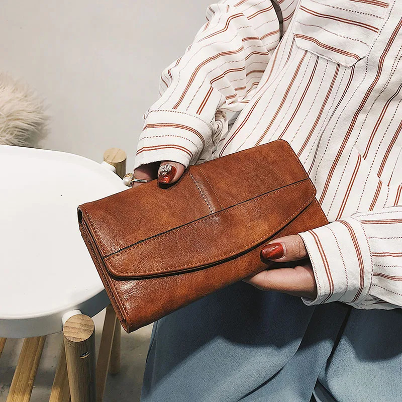Vintage Trifold Wallet Women Long PU Leather Wallet Female Clutch Purse Hasp Female Phone Bag Girl Card Bags Ladies High Quality 241022