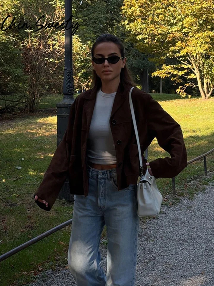 Brown suede short womens jacket casual long sleeved single button lapel womens coat autumn vintage womens streetwear 241023