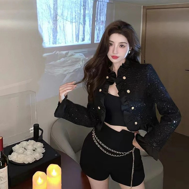 Biyaby Cropped Womens Jacket Elegant Temperature Ruffle White Open Collar Womens Korean Fashion Long Sleeve Coarse Floral Jacket Womens 241023