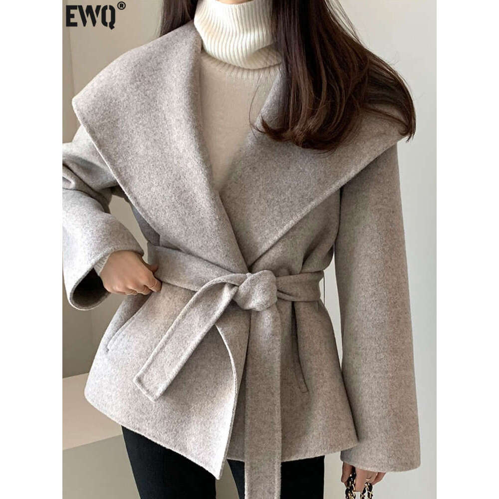 Big Turn-Down Collar Long Sleeve Double-Faced Cashmere Coat Lace-Up Chic Women Winter Woolen Coats Autumn New