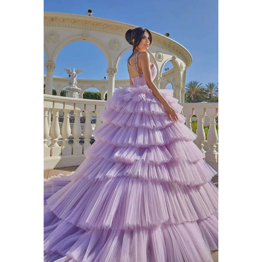 Lilac Purple Tier Cascading Evening Sexy A E Spaghetti V Neck Open Back Ruffles Long Prom Dresses Formal Vestidos Bc18389 estidos