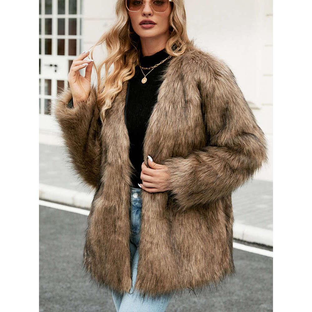 Fashion Faux Fur Coat Women Elegant Turn Down Collar Female Medium Long Coats 2024 Winter Warmer New High Street Ladies Jacket