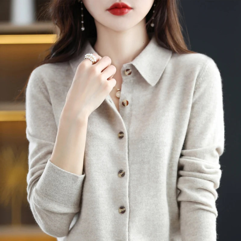 Womens collar pure wool cardigan autumn and winter merino cashmere sweater long sleeved formal knitted top S-XXL 241022