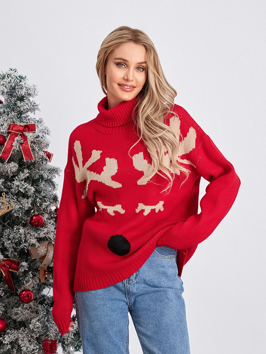 Women s Christmas Sweaters Long Sleeve Turtleneck Elk Print Pullovers Casual Knit Tops 241021