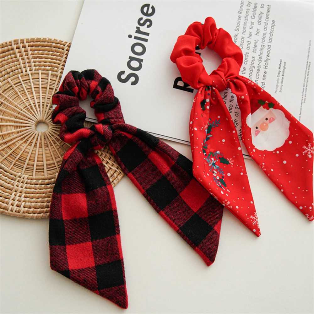 Christmas Hair Ties Scrunchies Santa Claus Coarse Checkered Bow Hair Rope For Girls Elastic Ponytail Holder Hair AccessoriesX241021