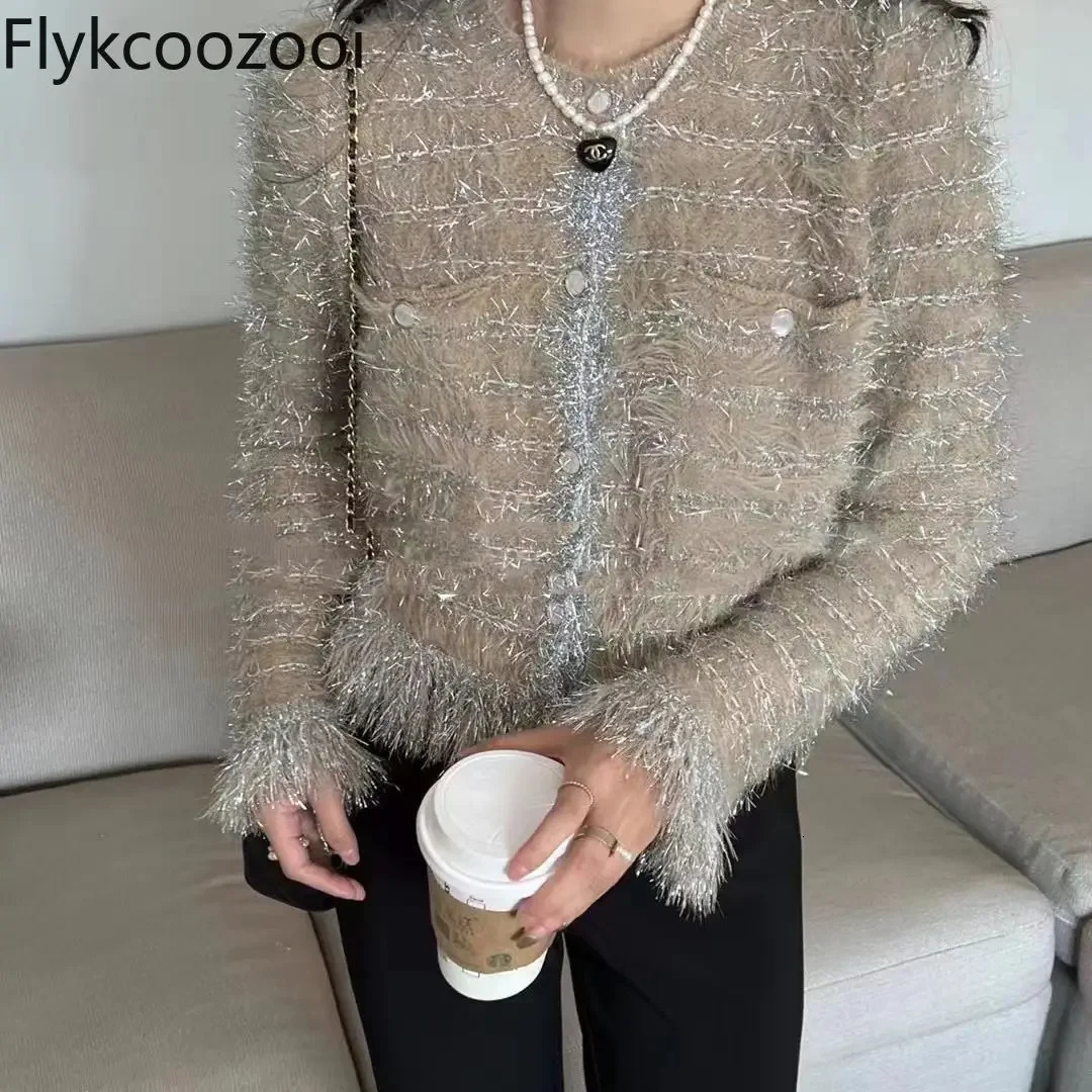 Sparkly Fringed Elegant Sweater for Women Highgrade Cashmere Crewneck Knitted Cardigan Coat Regular Fit Casaco Feminino 241021