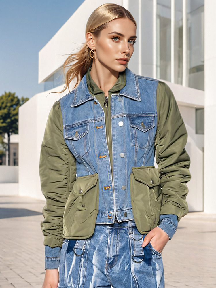 DEAT Fashion Women's Patchwork Denim Jackets Turn-Down Collar Loose Zipper Long Sleeve Short Coat Autumn 2024 New Tide 7Z249