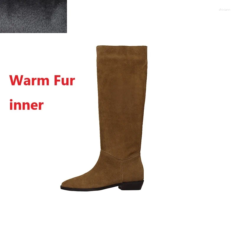 Boots Western Cowgirls Cool Shoes Woman Natural Suede Spring Autumn Botas Slip On Ladies Shoe Casual Style Wier Pleated