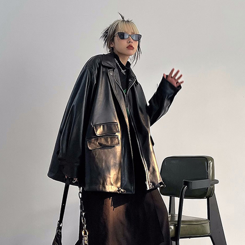 Streetwear Black Pu Faux Leather Coats Women Oversized Gothic Jackets Y2k Loose Pocket Cool Ladies Casual Soft Outerwear