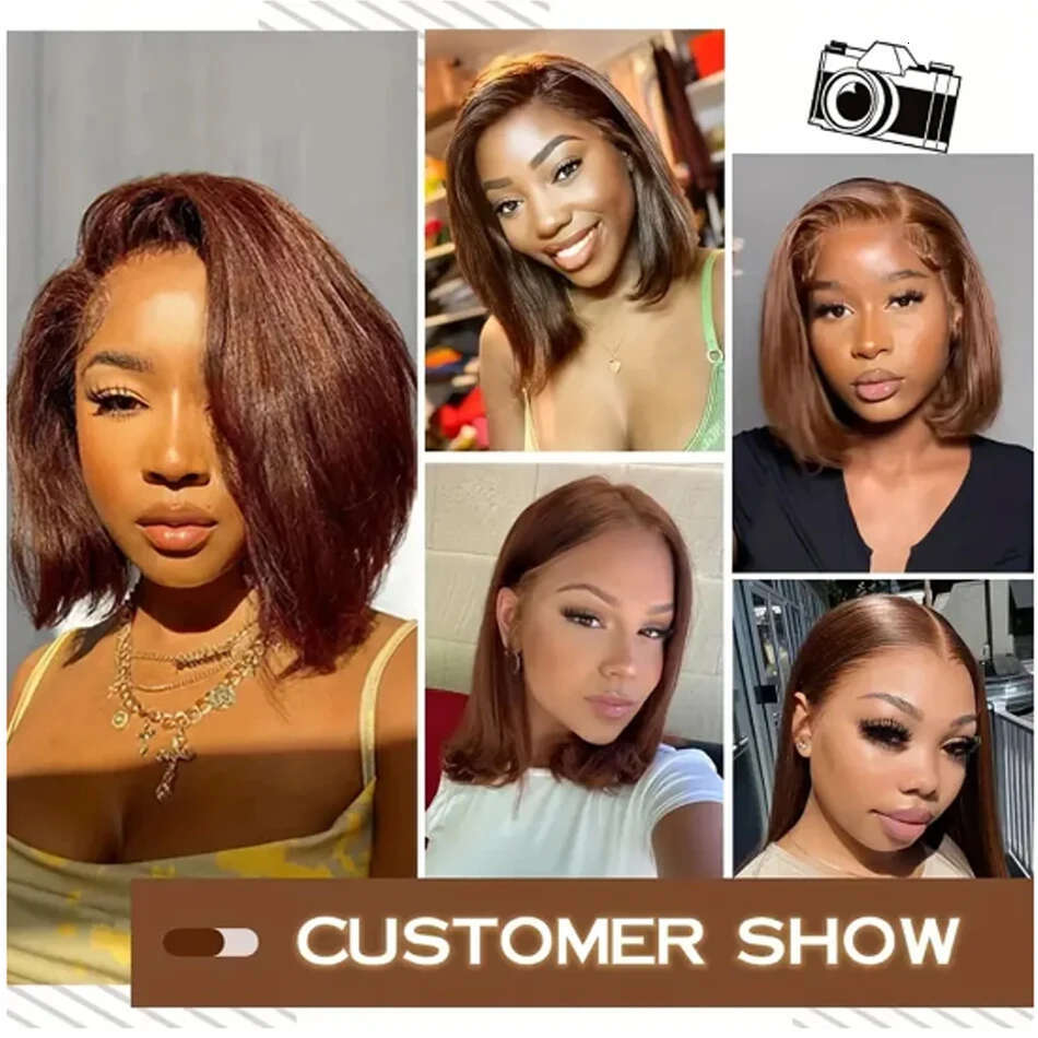 13x4 Short Bob Wigs Straight 180% Density Transparent Lace Front Human Wig Brazilian Hair 4# Chocolate Brown