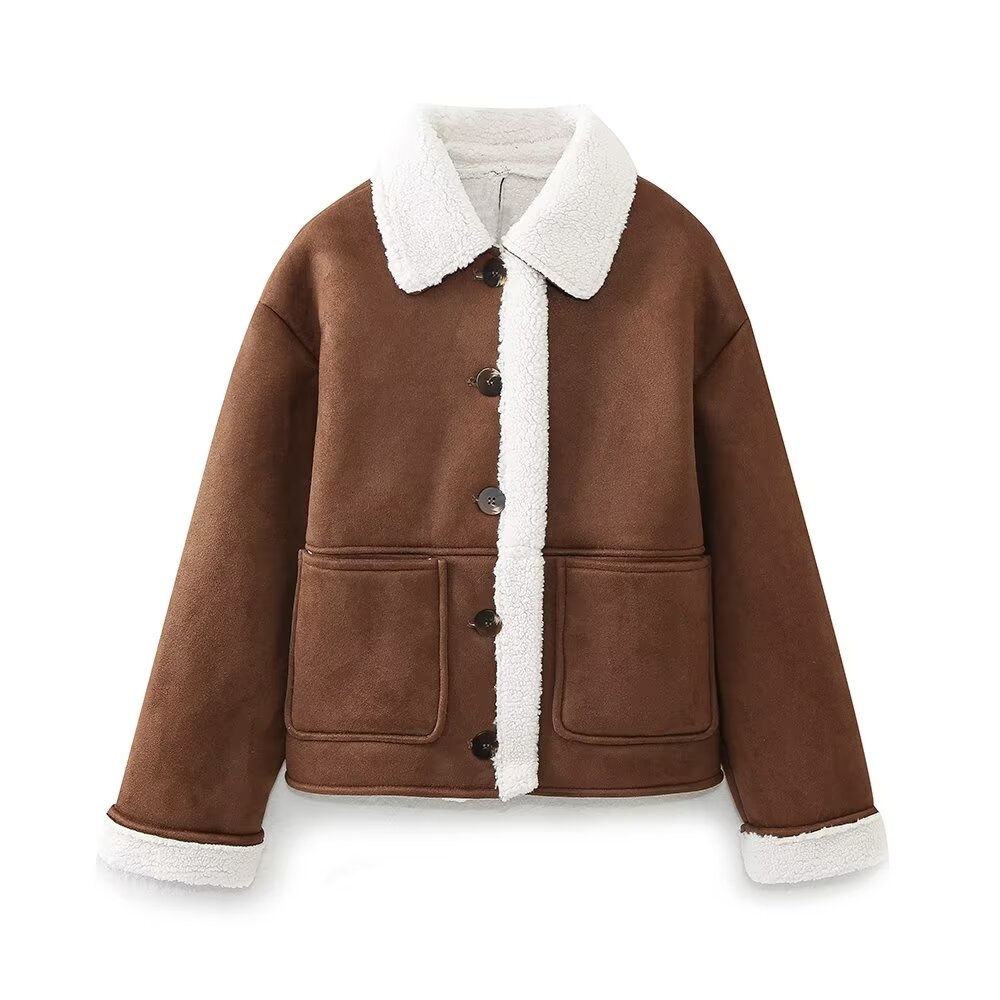 TRAF 2024 Autumn New Product Women's Fur One Piece Fleece Patch Bag With Suede Texture Double Sided Jacket Coat