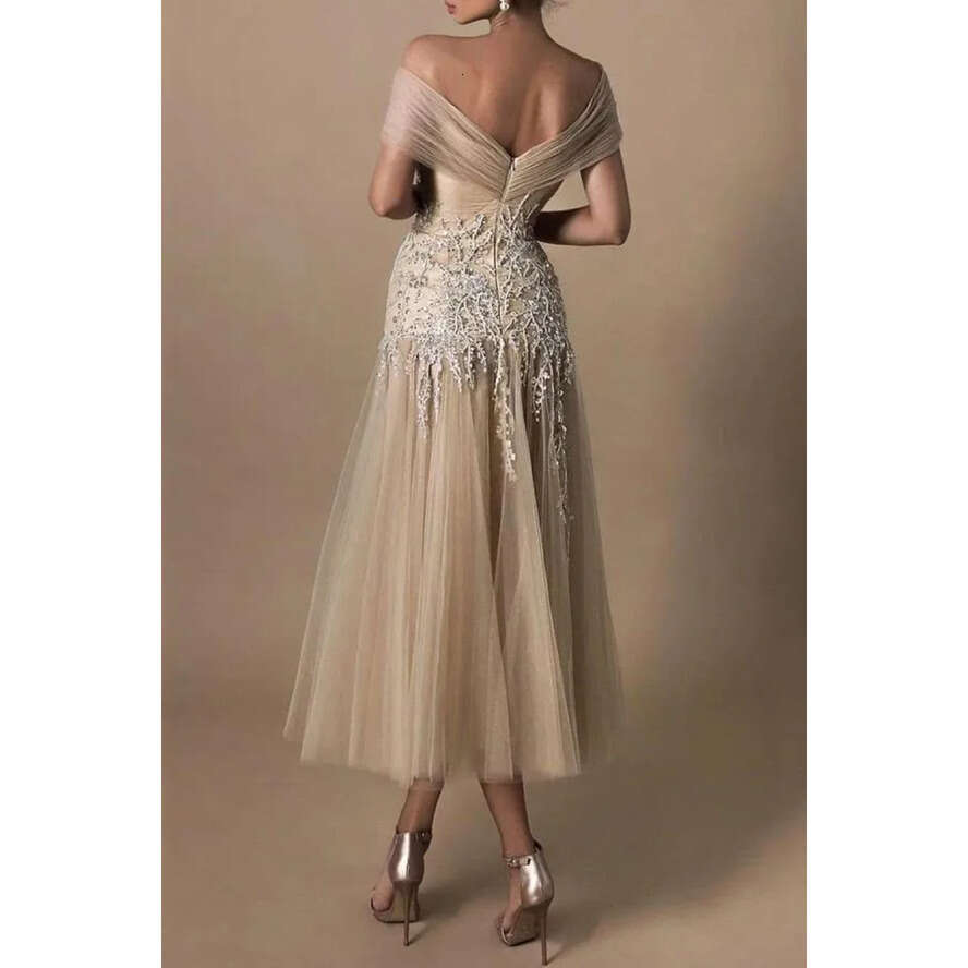 Champagne Tea Length Modest Mothe Dresses Elegant Off Shoulder A E Backless Appliques Tulle Short Evening Prom Tail Gowns Plus Size Bc16952 ppliques v