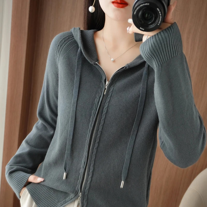 100% cashmere sweater womens hooded cardigan fashionable loose cashmere sweater womens thick top Korean version 241022
