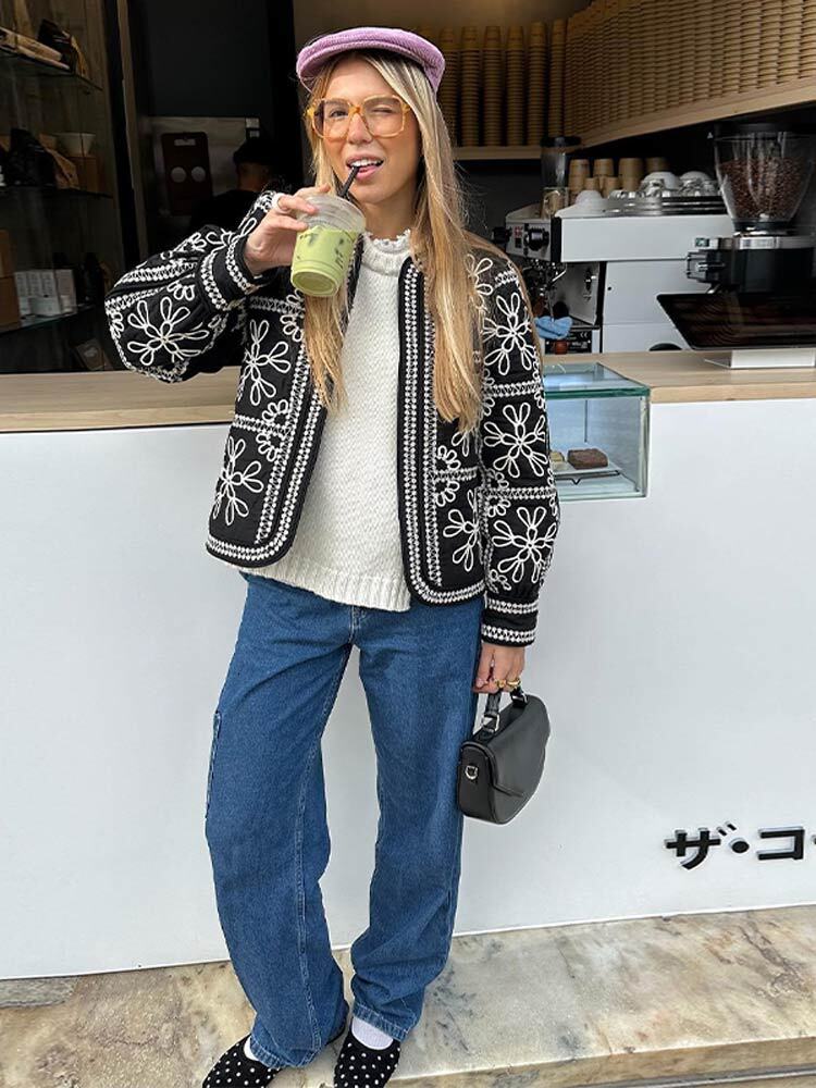 8Fashion Printed Women's O-Neck Long Lantern Sleeve Cotton Coats Chic Open Loose Crop Jackets Lady Retro Streetwear
